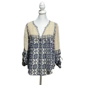 Lucky Brand Batik Print Blouse with Adjustable 3/4 Ruched Sleeves
